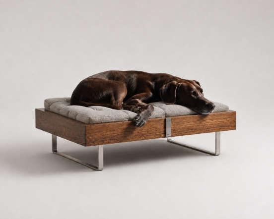 THE BED – hundeseng i træ og stål med brun hund